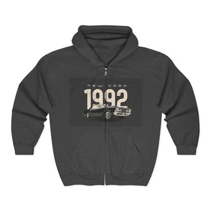 Sweat à Capuche Vintage 1992 New York Unisexe avec Zip, Hoodie Rétro, Cadeau pour Passionnés d'Auto, Vêtement Nostalgie Années 90