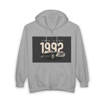 Sweat à Capuche Vintage 1992 New York Unisexe avec Zip, Hoodie Rétro, Cadeau pour Passionnés d'Auto, Vêtement Nostalgie Années 90
