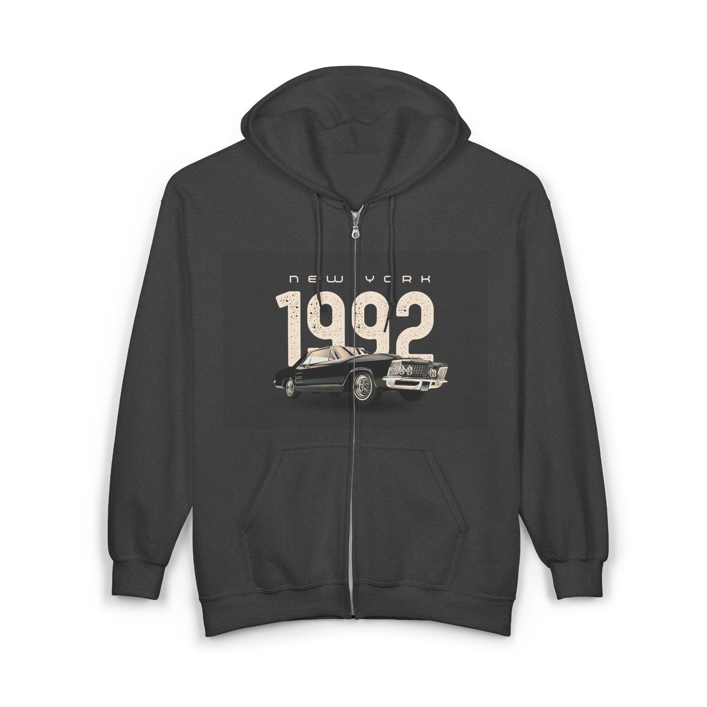 Sweat à Capuche Vintage 1992 New York Unisexe avec Zip, Hoodie Rétro, Cadeau pour Passionnés d'Auto, Vêtement Nostalgie Années 90