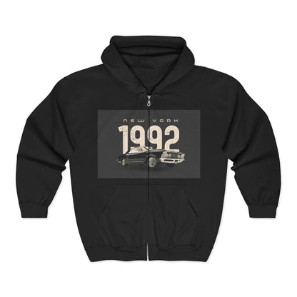 Sweat à Capuche Vintage 1992 New York Unisexe avec Zip, Hoodie Rétro, Cadeau pour Passionnés d'Auto, Vêtement Nostalgie Années 90