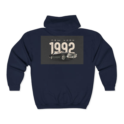 Sweat à Capuche Vintage 1992 New York Unisexe avec Zip, Hoodie Rétro, Cadeau pour Passionnés d'Auto, Vêtement Nostalgie Années 90