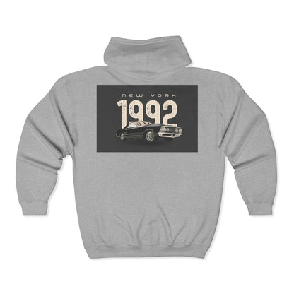 Sweat à Capuche Vintage 1992 New York Unisexe avec Zip, Hoodie Rétro, Cadeau pour Passionnés d'Auto, Vêtement Nostalgie Années 90