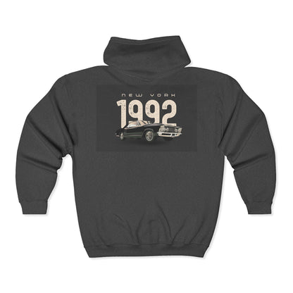 Sweat à Capuche Vintage 1992 New York Unisexe avec Zip, Hoodie Rétro, Cadeau pour Passionnés d'Auto, Vêtement Nostalgie Années 90