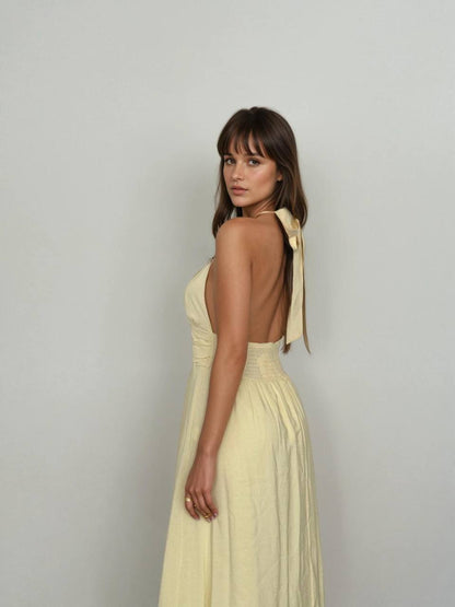 🌿 Robe longue dos nu en soie de coton – Sensualité & légèreté d’été