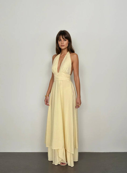 🌿 Robe longue dos nu en soie de coton – Sensualité & légèreté d’été
