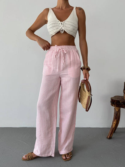 Pantalon Femme Rayé Taille Haute – Coupe Large & Tissu Léger | Look Estival Décontracté Chic
