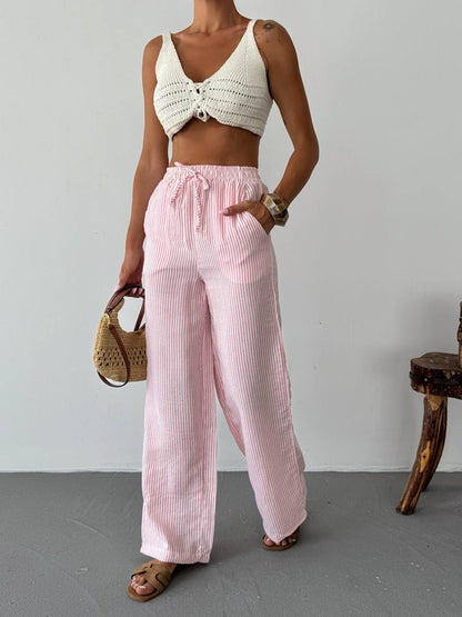 Pantalon Femme Rayé Taille Haute – Coupe Large & Tissu Léger | Look Estival Décontracté Chic