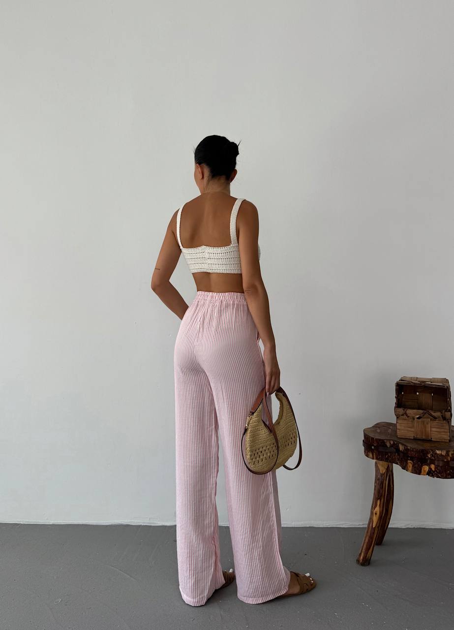 Pantalon Femme Rayé Taille Haute – Coupe Large & Tissu Léger | Look Estival Décontracté Chic
