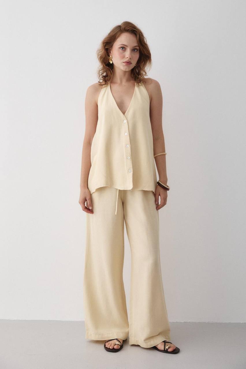Ensemble Femme Chic – Blouse Dos Nu à Nouer au Cou + Pantalon Taille Haute Évasé | Tenue Élégante & Tendance Été