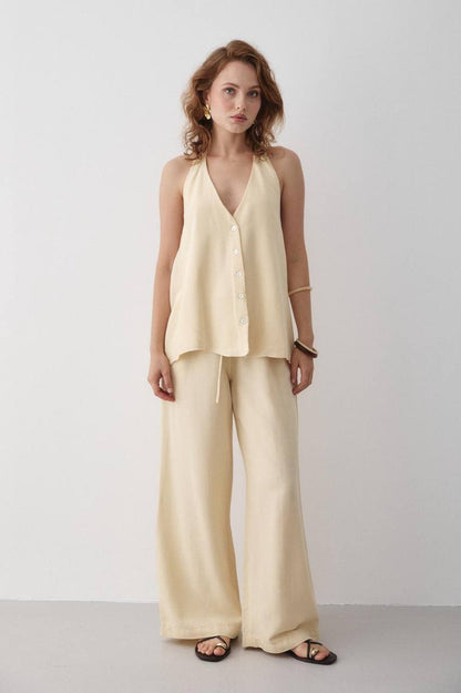 Ensemble Femme Chic – Blouse Dos Nu à Nouer au Cou + Pantalon Taille Haute Évasé | Tenue Élégante & Tendance Été