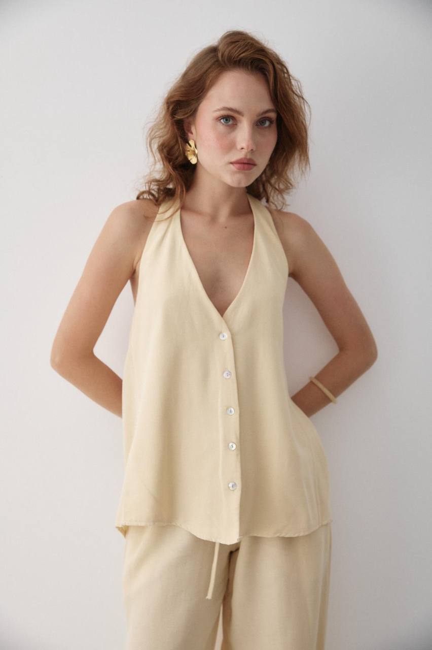 Ensemble Femme Chic – Blouse Dos Nu à Nouer au Cou + Pantalon Taille Haute Évasé | Tenue Élégante & Tendance Été