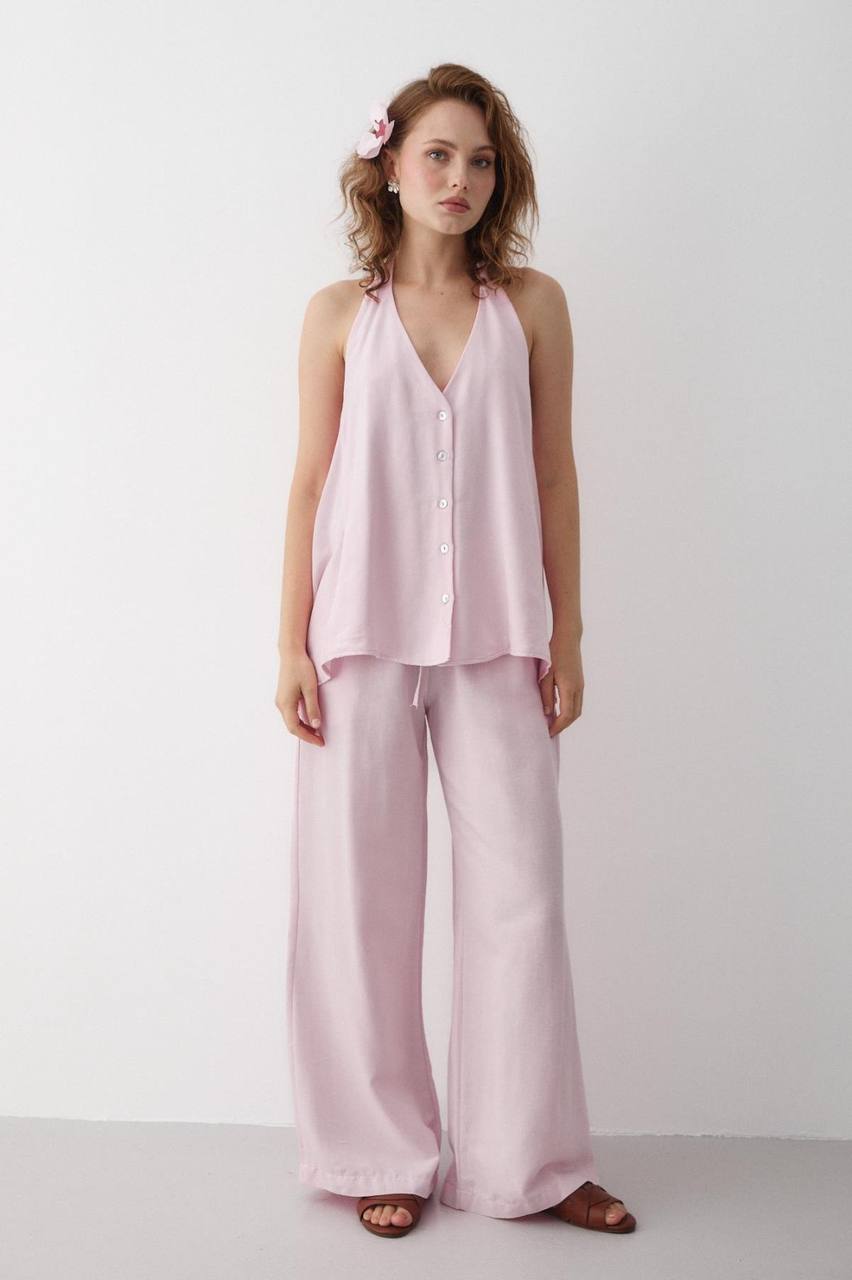 Ensemble Femme Chic – Blouse Dos Nu à Nouer au Cou + Pantalon Taille Haute Évasé | Tenue Élégante & Tendance Été