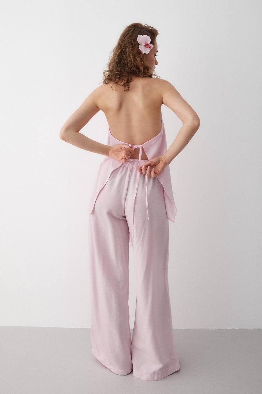Ensemble Femme Chic – Blouse Dos Nu à Nouer au Cou + Pantalon Taille Haute Évasé | Tenue Élégante & Tendance Été