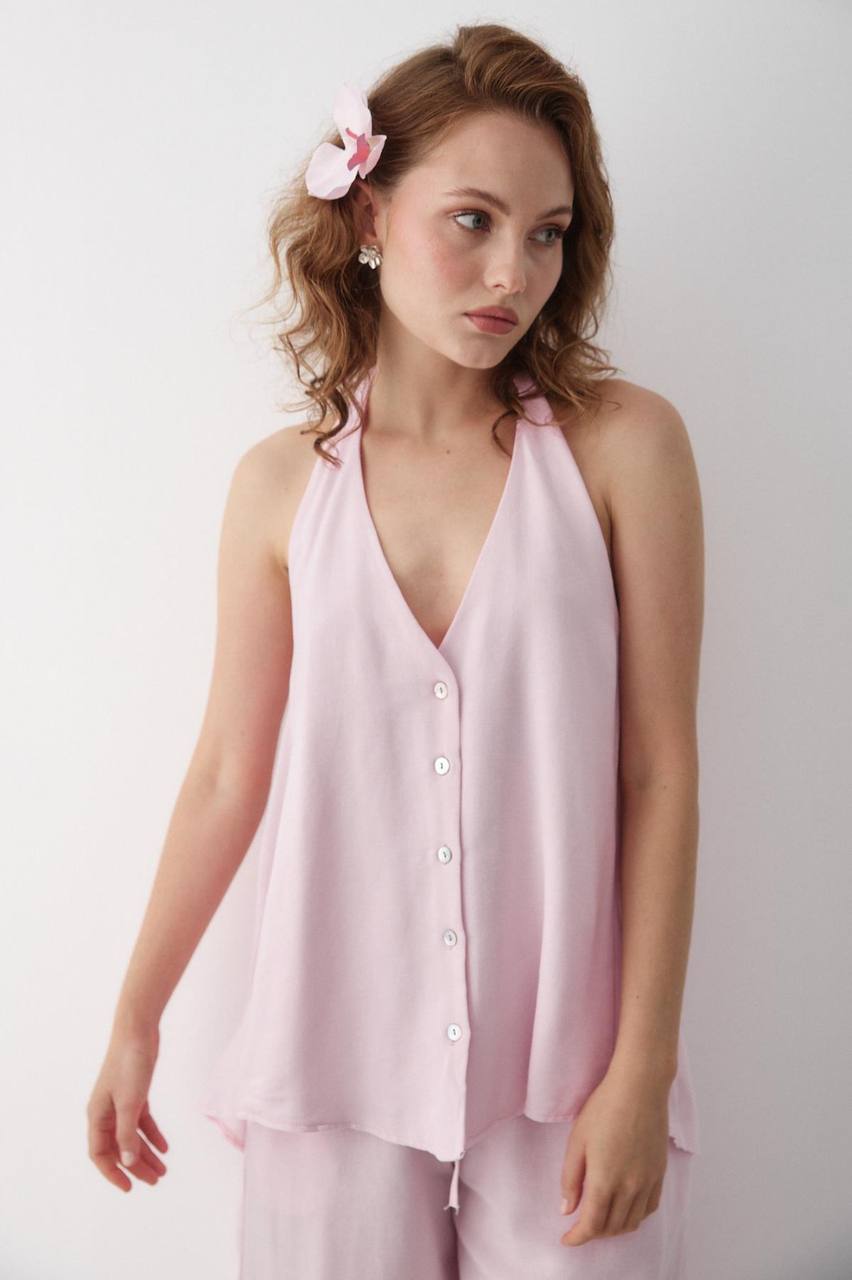 Ensemble Femme Chic – Blouse Dos Nu à Nouer au Cou + Pantalon Taille Haute Évasé | Tenue Élégante & Tendance Été