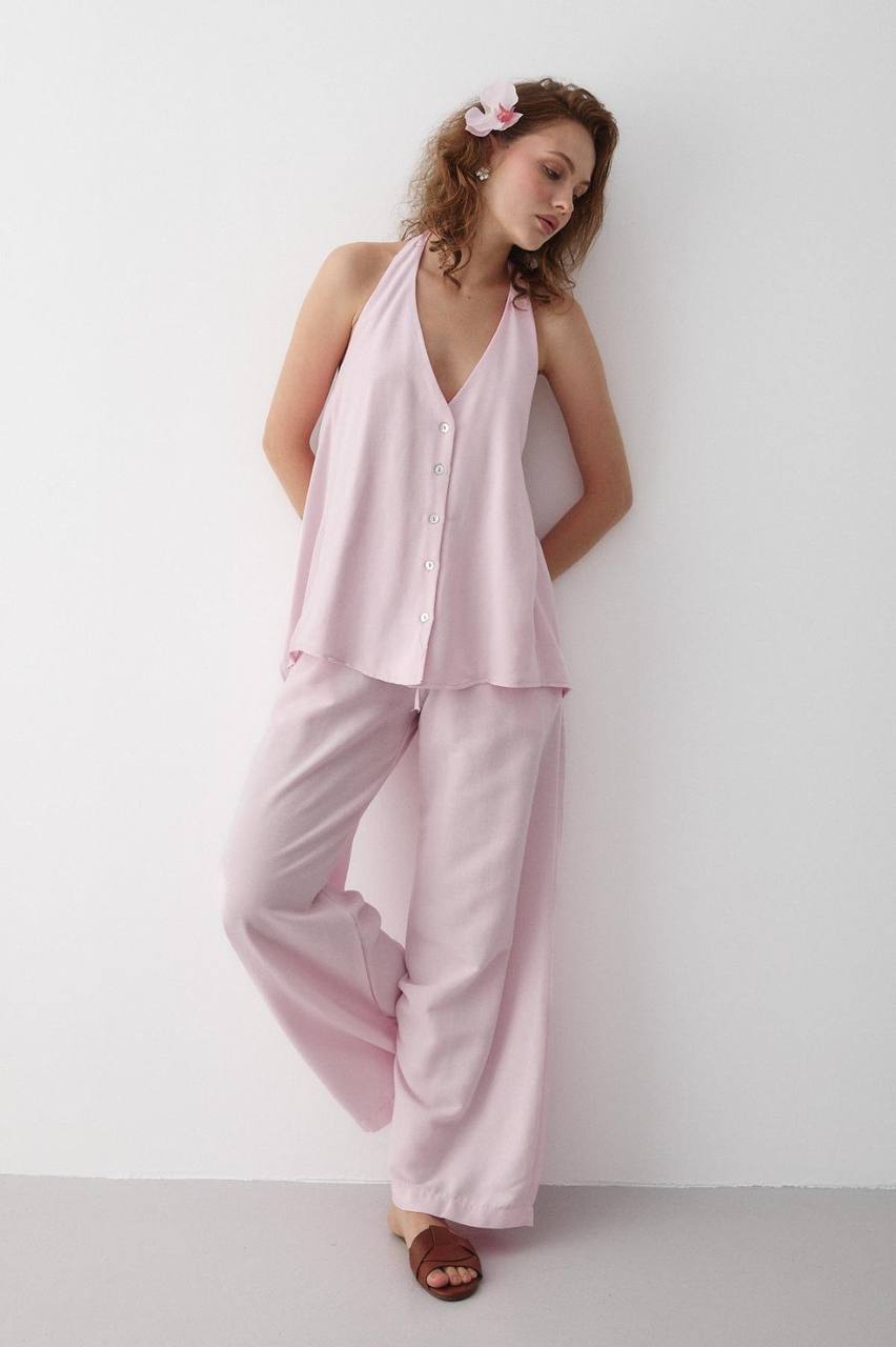 Ensemble Femme Chic – Blouse Dos Nu à Nouer au Cou + Pantalon Taille Haute Évasé | Tenue Élégante & Tendance Été