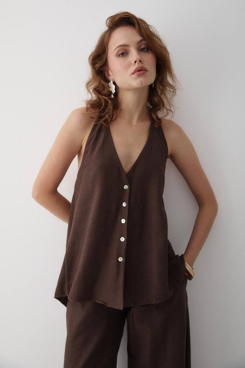 Ensemble Femme Chic – Blouse Dos Nu à Nouer au Cou + Pantalon Taille Haute Évasé | Tenue Élégante & Tendance Été