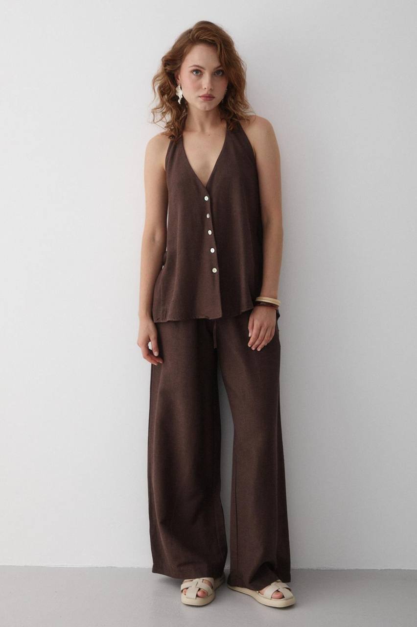 Ensemble Femme Chic – Blouse Dos Nu à Nouer au Cou + Pantalon Taille Haute Évasé | Tenue Élégante & Tendance Été
