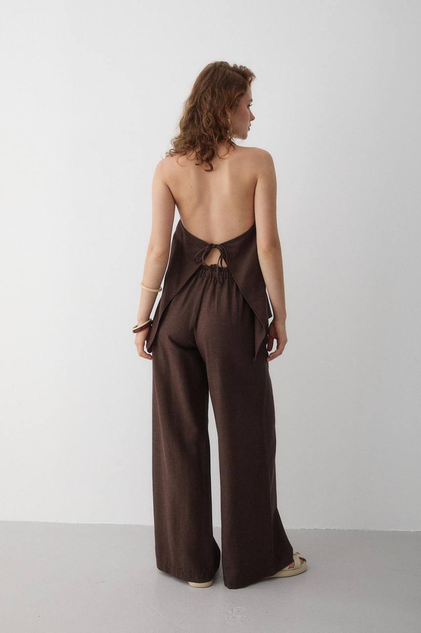 Ensemble Femme Chic – Blouse Dos Nu à Nouer au Cou + Pantalon Taille Haute Évasé | Tenue Élégante & Tendance Été