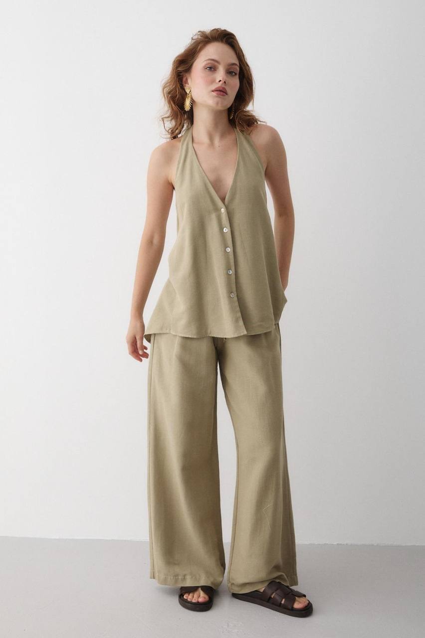 Ensemble Femme Chic – Blouse Dos Nu à Nouer au Cou + Pantalon Taille Haute Évasé | Tenue Élégante & Tendance Été
