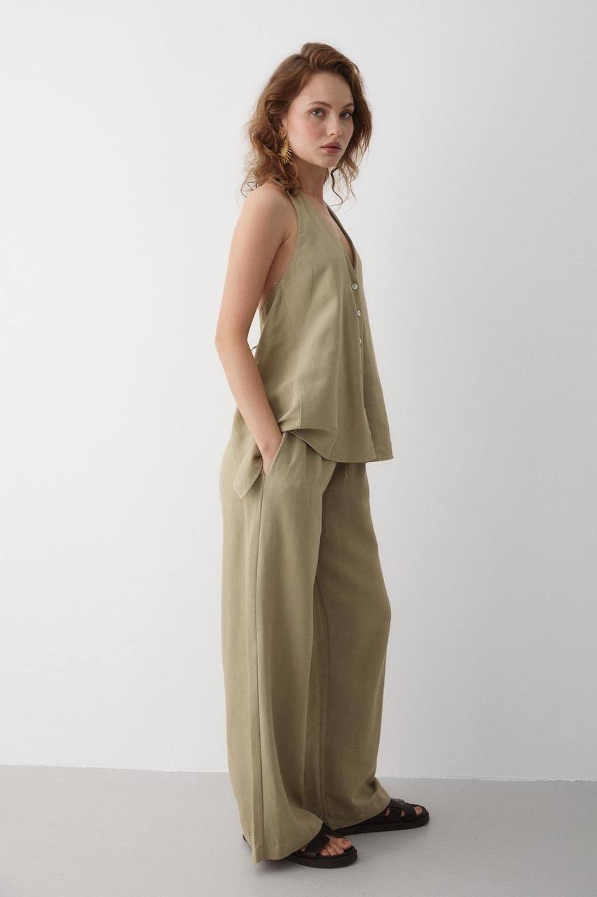 Ensemble Femme Chic – Blouse Dos Nu à Nouer au Cou + Pantalon Taille Haute Évasé | Tenue Élégante & Tendance Été
