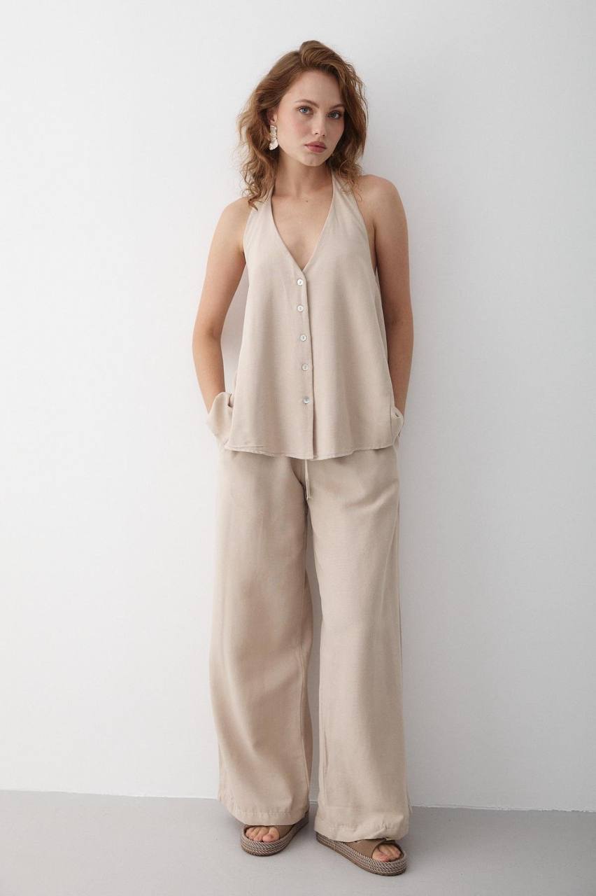 Ensemble Femme Chic – Blouse Dos Nu à Nouer au Cou + Pantalon Taille Haute Évasé | Tenue Élégante & Tendance Été