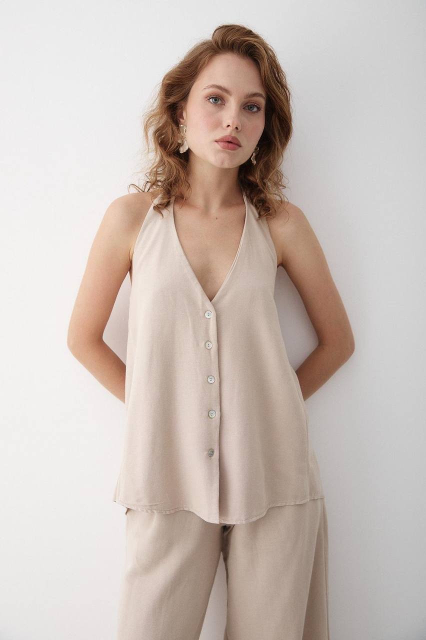 Ensemble Femme Chic – Blouse Dos Nu à Nouer au Cou + Pantalon Taille Haute Évasé | Tenue Élégante & Tendance Été