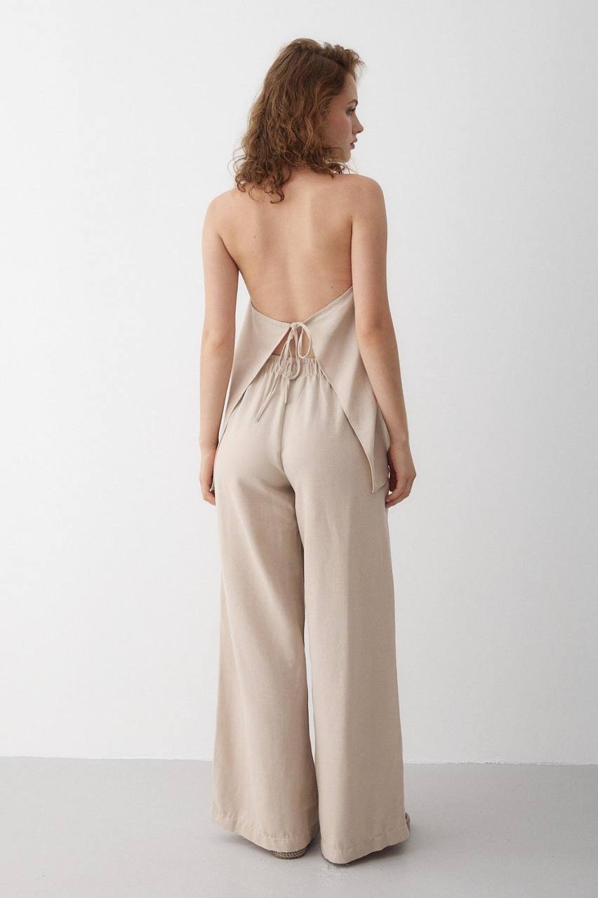 Ensemble Femme Chic – Blouse Dos Nu à Nouer au Cou + Pantalon Taille Haute Évasé | Tenue Élégante & Tendance Été