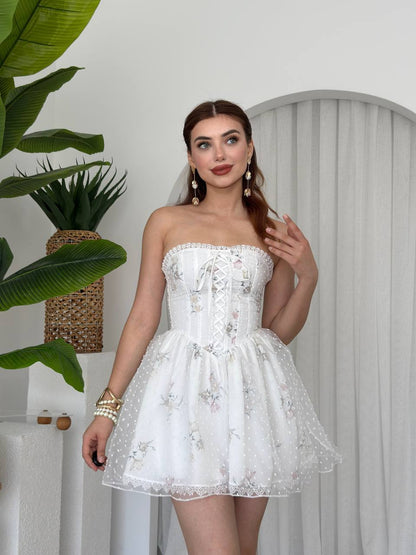 Robe Corset Bustier Blanche à Dentelle et Imprimé Fleuri | Robe de Soirée Tutu Tulle