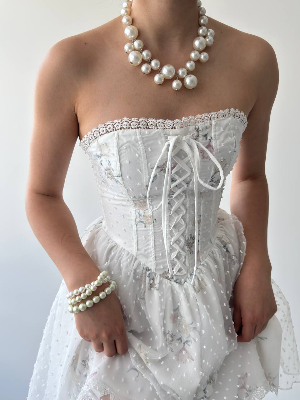 Robe Corset Bustier Blanche à Dentelle et Imprimé Fleuri | Robe de Soirée Tutu Tulle