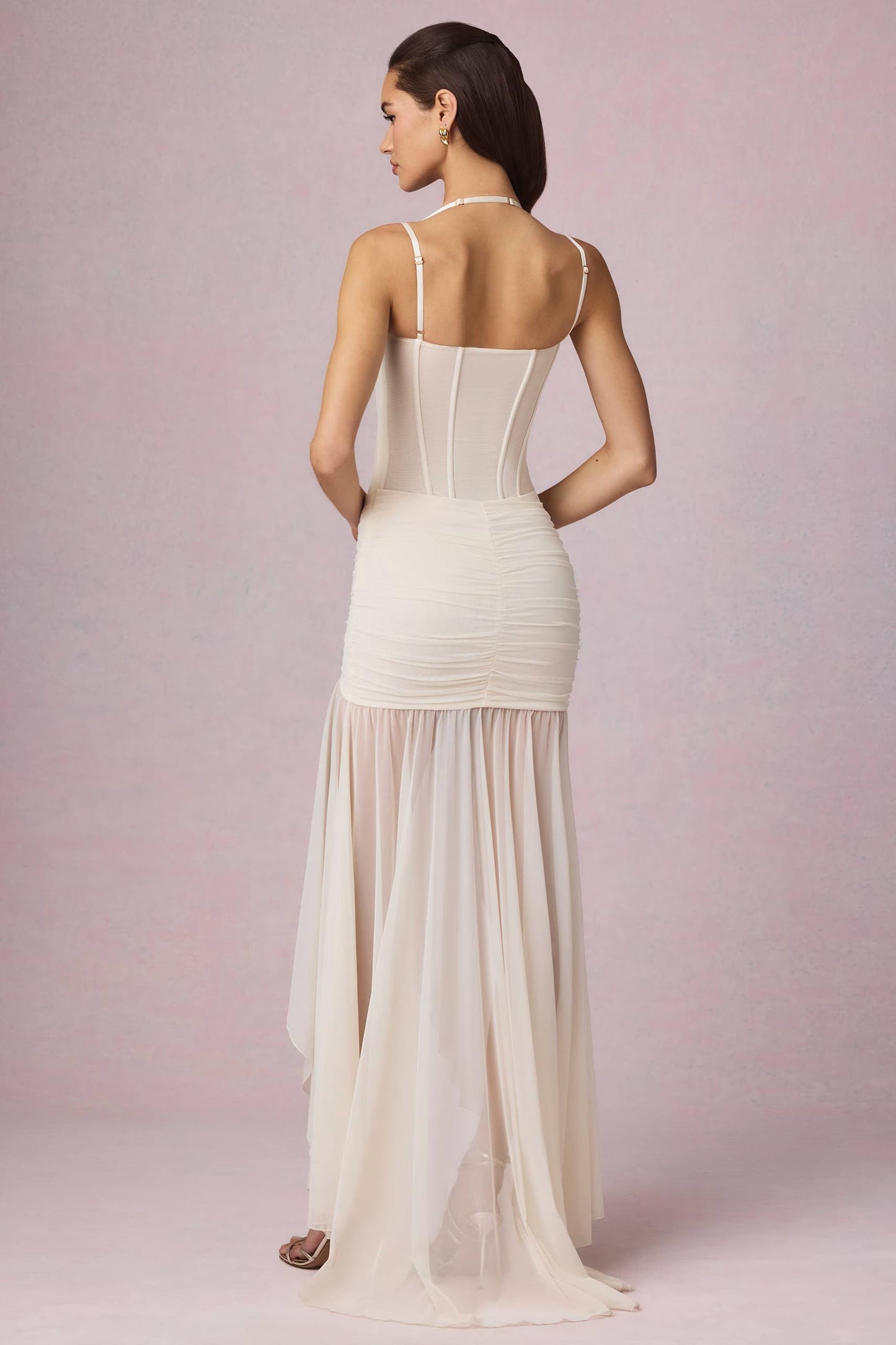 Robe Longue Bustier Crème Drapée avec Fente | Robe de Soirée Élégante Corset