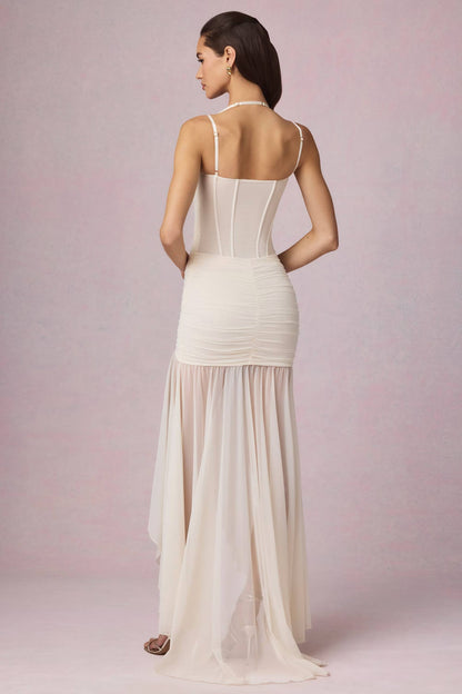Robe Longue Bustier Crème Drapée avec Fente | Robe de Soirée Élégante Corset