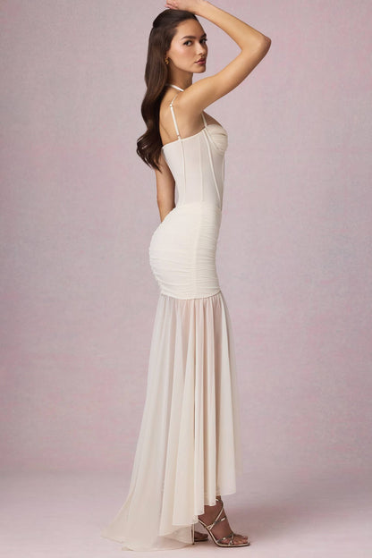 Robe Longue Bustier Crème Drapée avec Fente | Robe de Soirée Élégante Corset