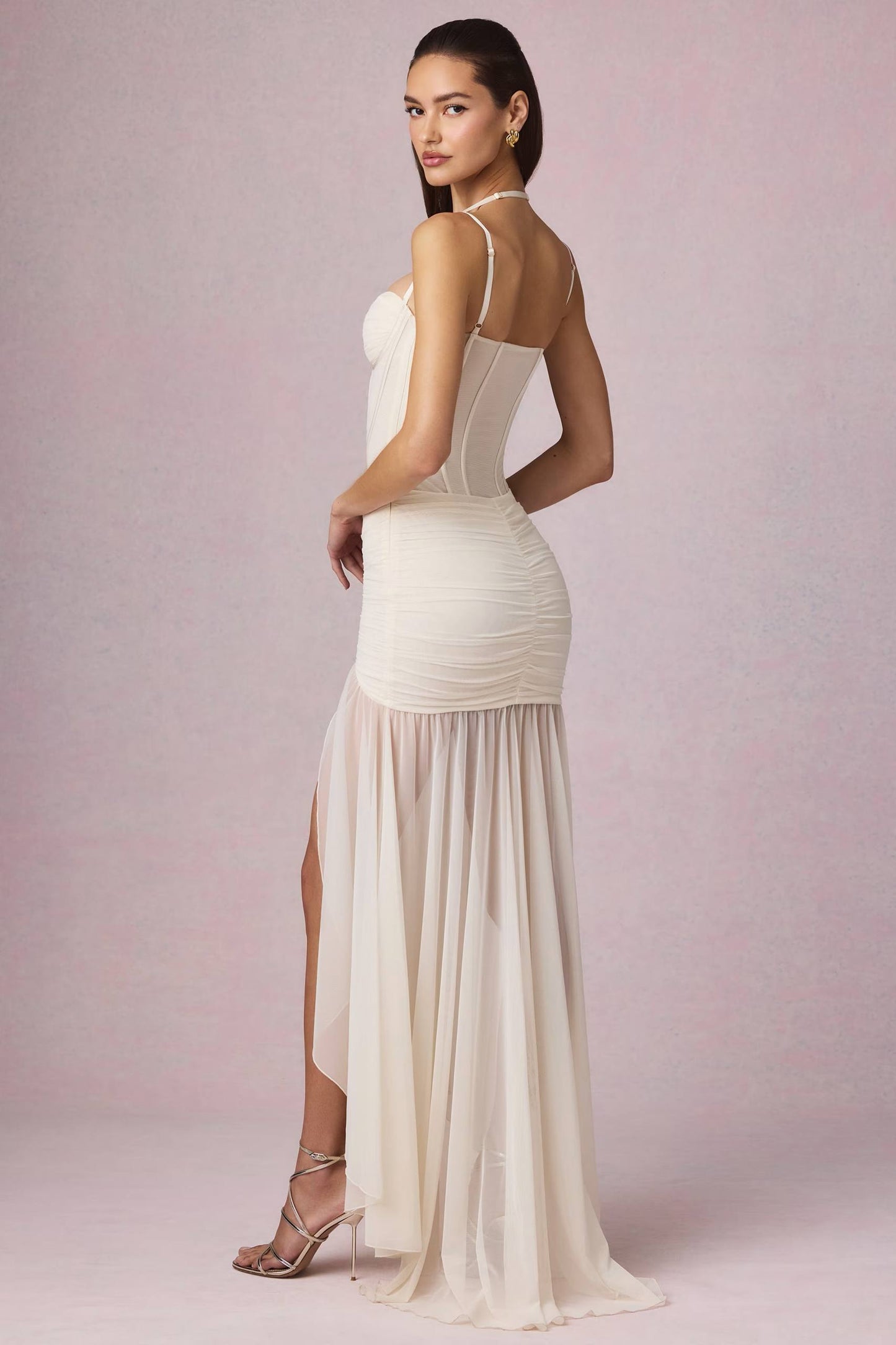 Robe Longue Bustier Crème Drapée avec Fente | Robe de Soirée Élégante Corset