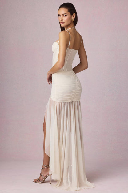 Robe Longue Bustier Crème Drapée avec Fente | Robe de Soirée Élégante Corset