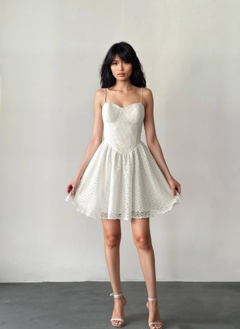 Robe bustier à fines bretelles en dentelle texturée - Blanc